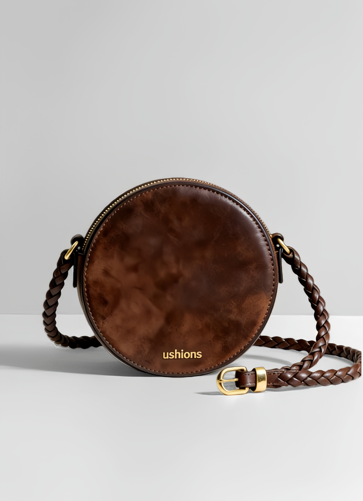 Brown Leather Round Crossbody Bag with Braided Strap