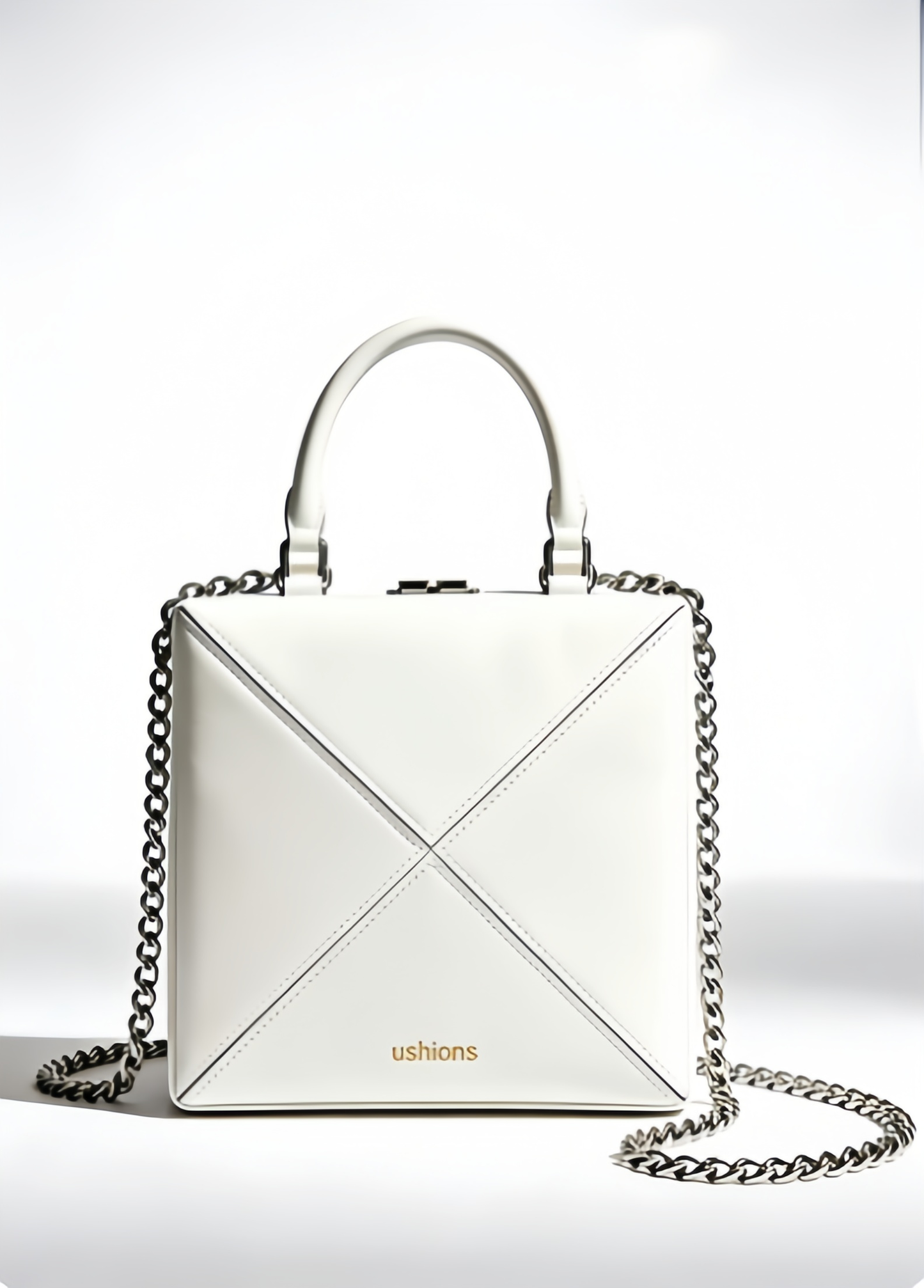 The Geometric Frame-White Geometric Square Top Handle Bag with Silver Chain