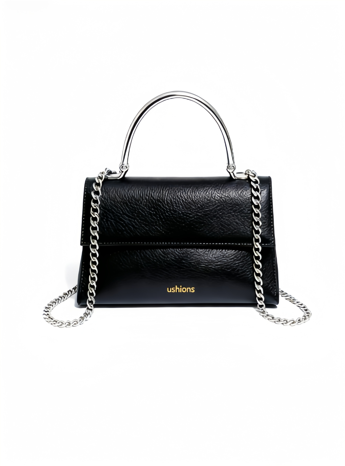 Midnight Locket--Black Leather Mini Bag with Silver Chain & Metal Handle