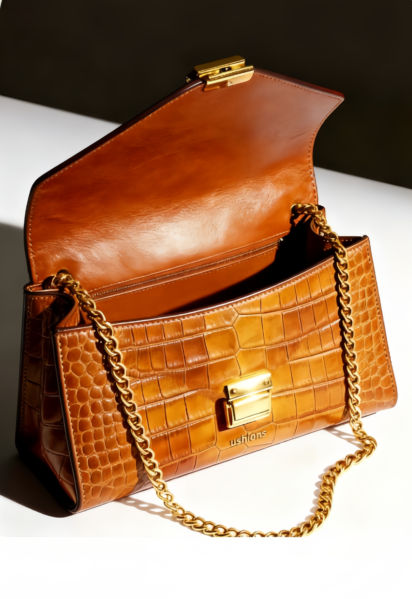 Brown Crocodile - Embossed Chain Shoulder Bag