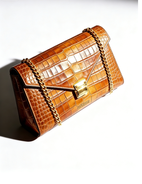 Brown Crocodile - Embossed Chain Shoulder Bag