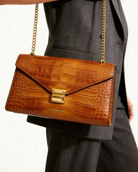 Brown Crocodile - Embossed Chain Shoulder Bag
