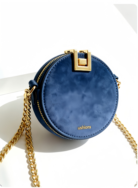 Navy Blue Suede Round Crossbody Bag with Gold Chain