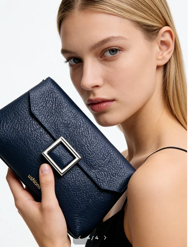 Navy Textured Leather Clutch Bags with Silver Square Clasp