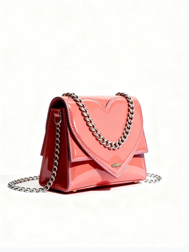 Patent Pulse -Pink Patent Leather Heart - Shaped Chain Crossbody Bag