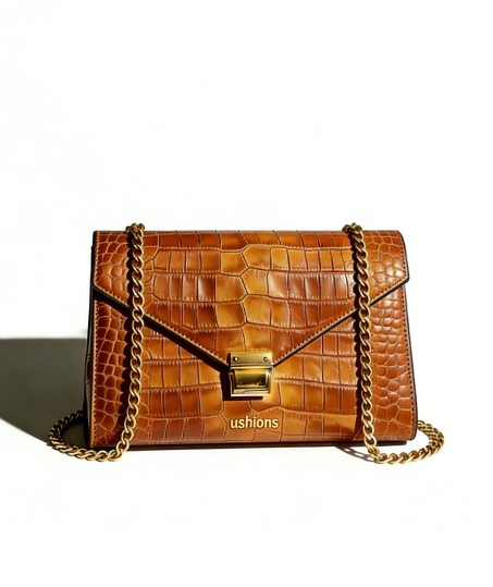 Brown Crocodile - Embossed Chain Shoulder Bag
