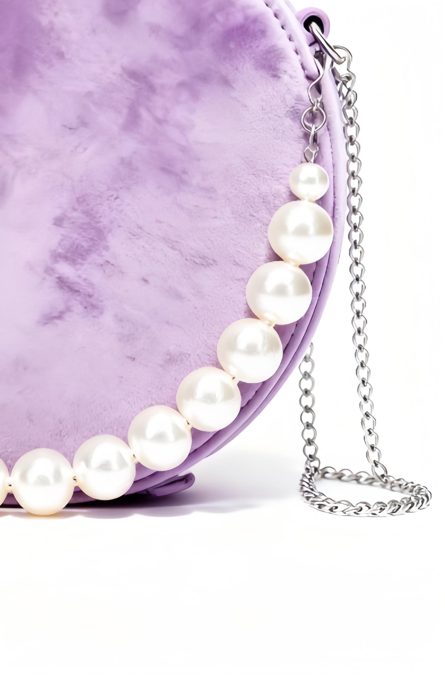 Lavender Velvet Round Crossbody Bag with Pearl Detail