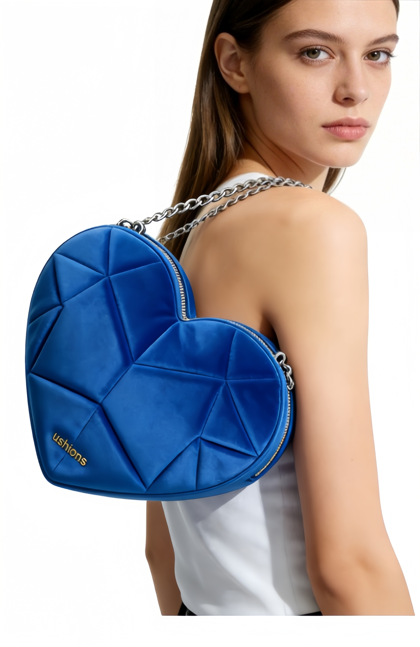 Blue Velvet Heart-Shaped Crossbody Bag with Silver Chain