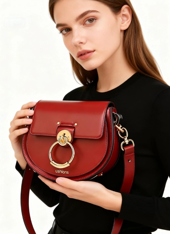 Arc in Rouge-Red Saddle Bag with Gold Circular Hardware
