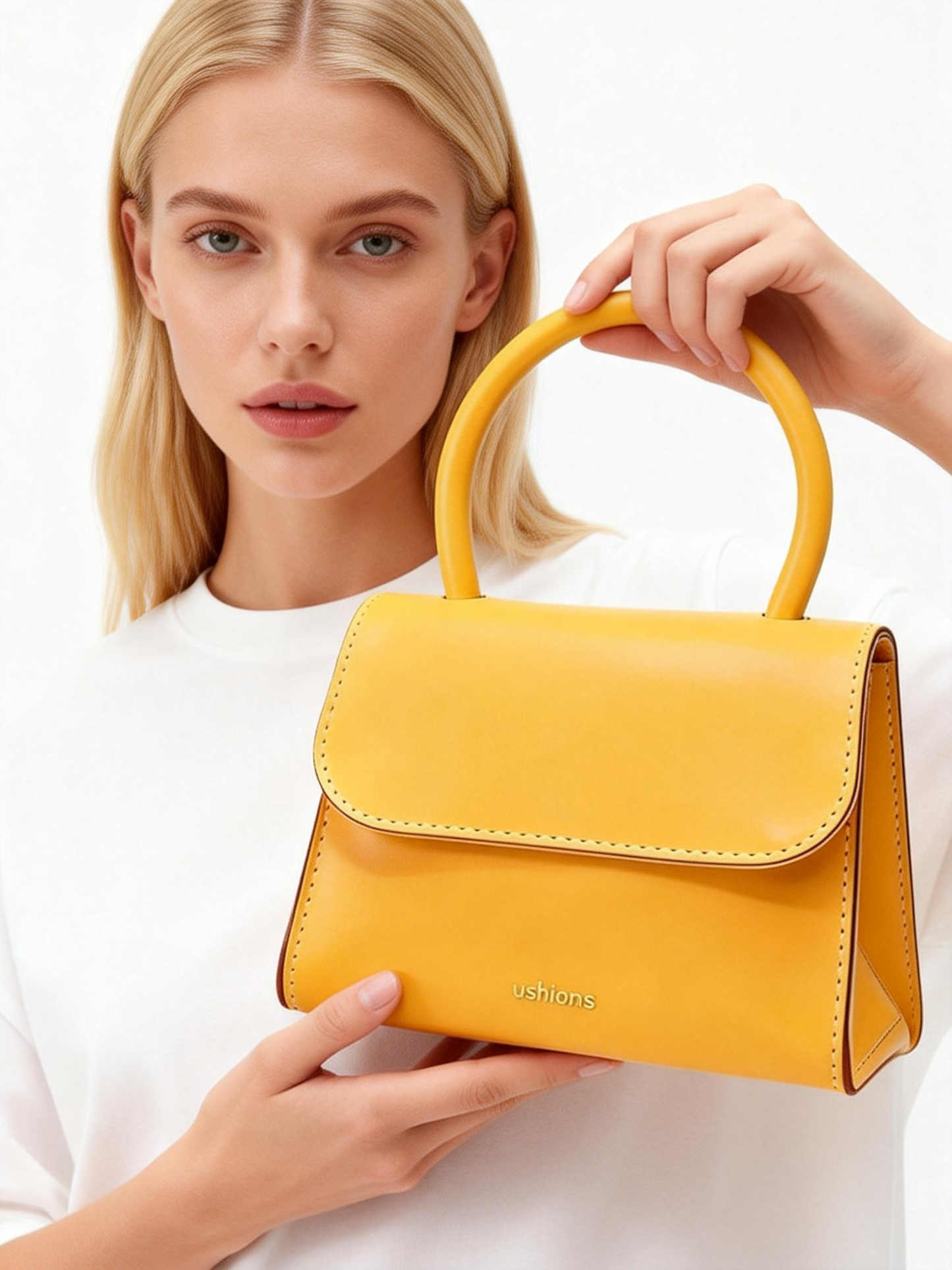 Sun-Stitched &Yellow Top-Handle Mini Bag with Stitch Detail