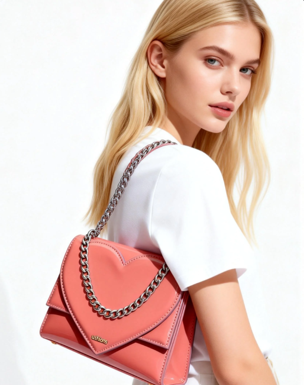 Patent Pulse -Pink Patent Leather Heart - Shaped Chain Crossbody Bag