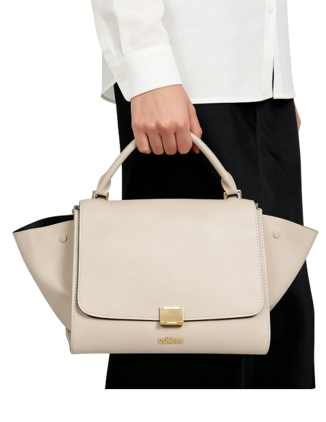 Beige Trapeze Top-Handle Bag with Gold Hardware