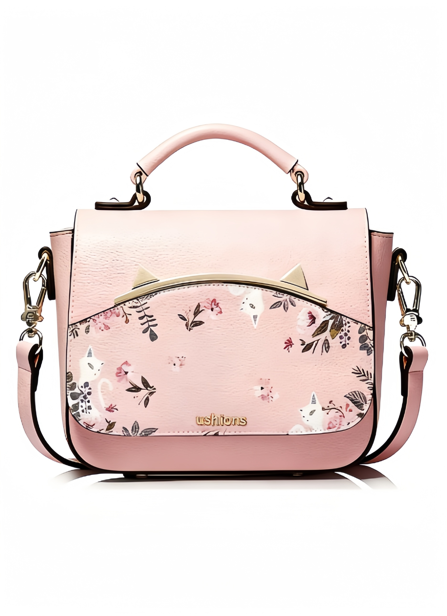 Pink Cat & Floral Print Top-Handle Crossbody Bag