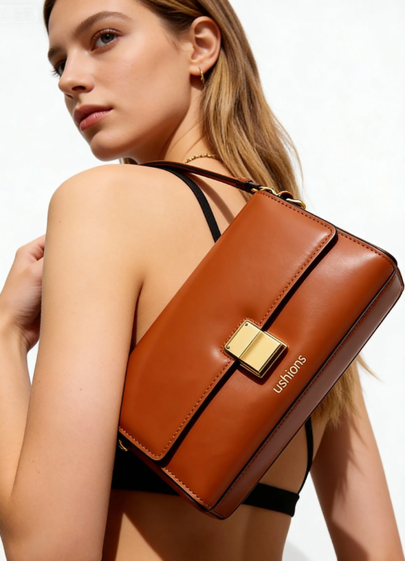 Tan Leather Flap Crossbody Bag with Gold Clasp
