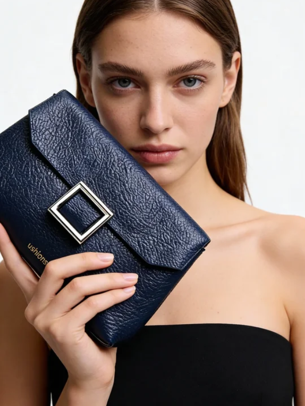 Navy Textured Leather Clutch Bags with Silver Square Clasp