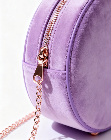 Lilac Suede Circular Crossbody Bag with Rose Gold Chain