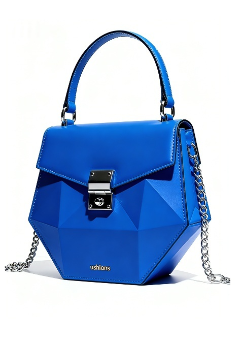 Blue Geometric Top-Handle Bag with Silver Hardware