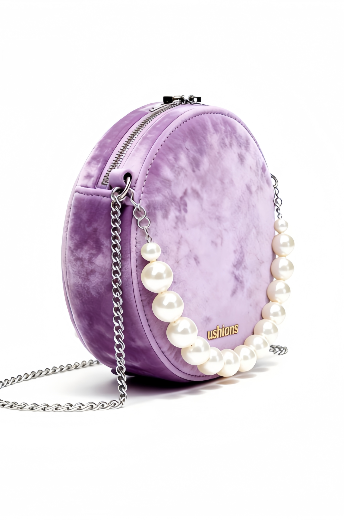 Lavender Velvet Round Crossbody Bag with Pearl Detail