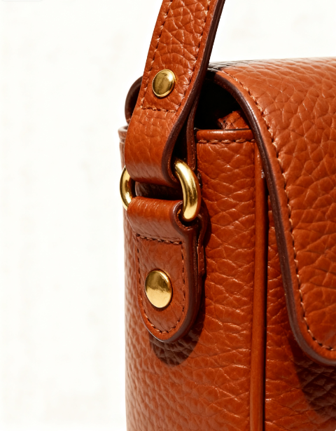 Brown Textured Leather Shoulder Bag with Gold Button