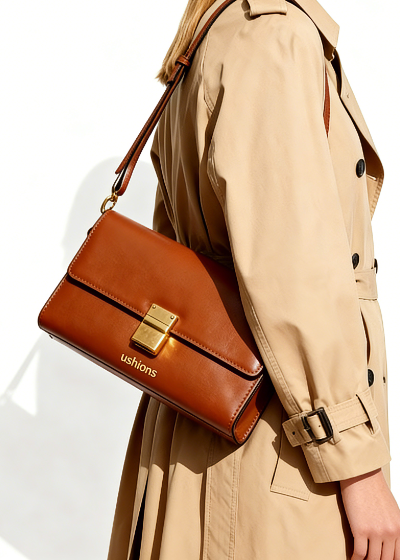 Tan Leather Flap Crossbody Bag with Gold Clasp