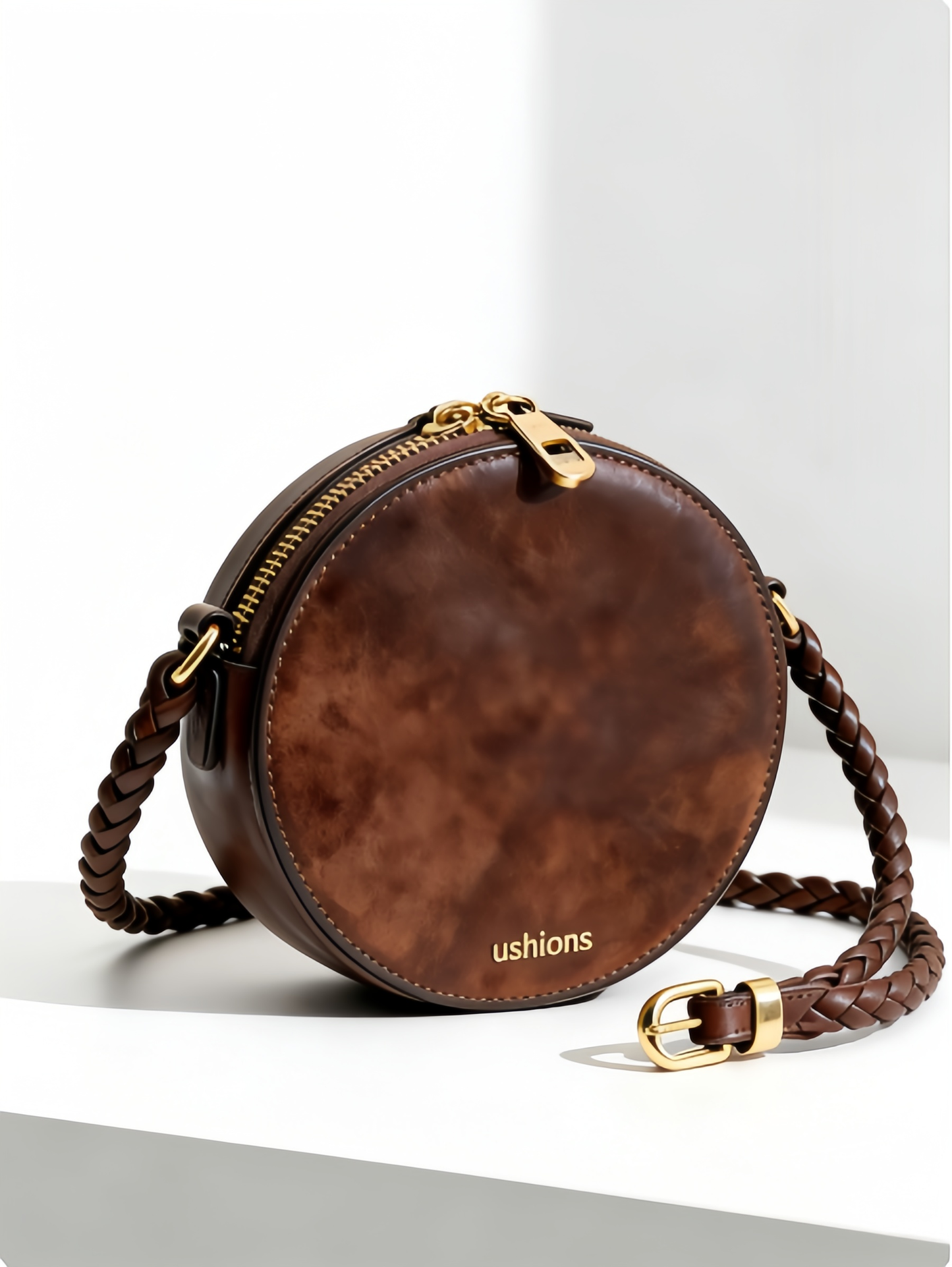 Brown Leather Round Crossbody Bag with Braided Strap