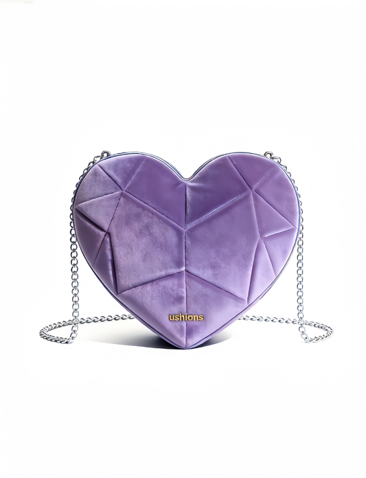 Lilac Velvet Heart-Shaped Crossbody Bag with Silver Chain