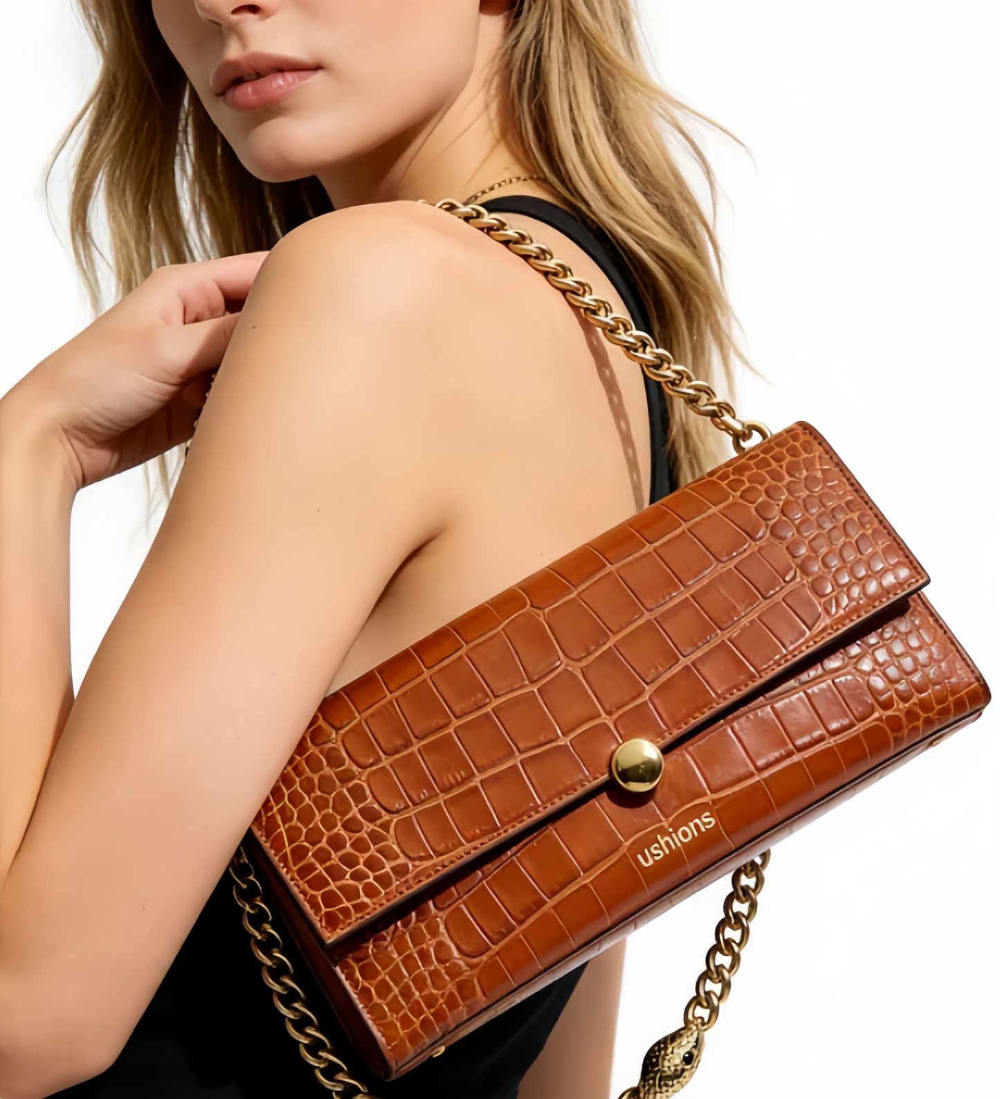 Dune Legacy- Tan Croc-Embossed Chain Shoulder Bags