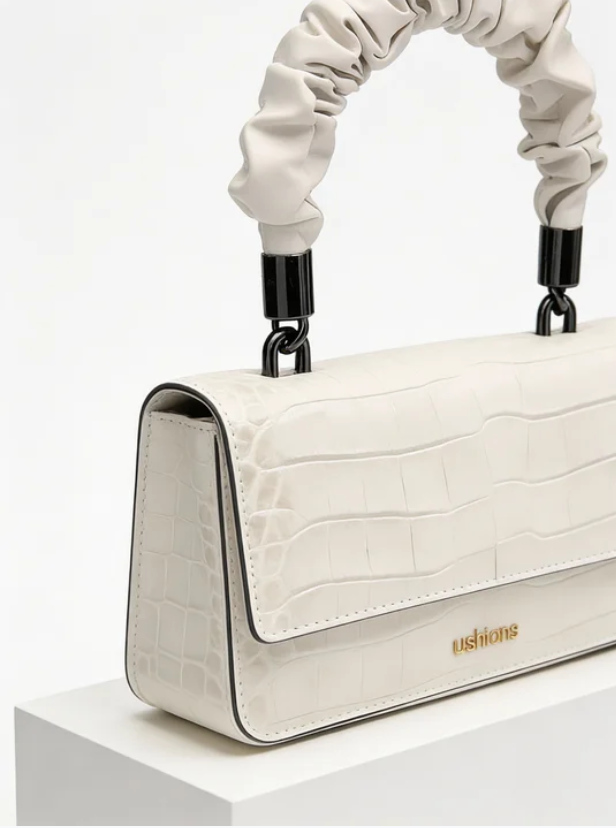 White Croc-Embossed Compact Ruched-Handle Bag