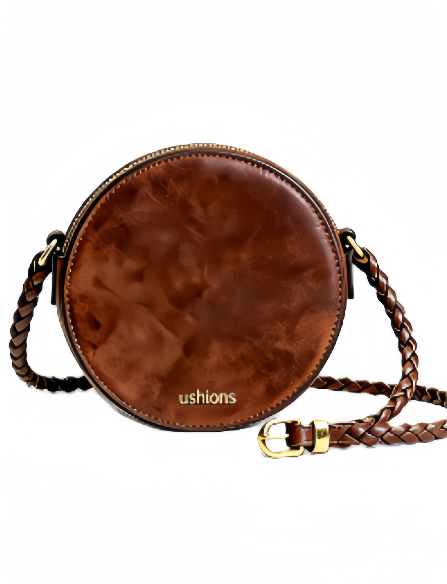 Brown Leather Round Crossbody Bag with Braided Strap