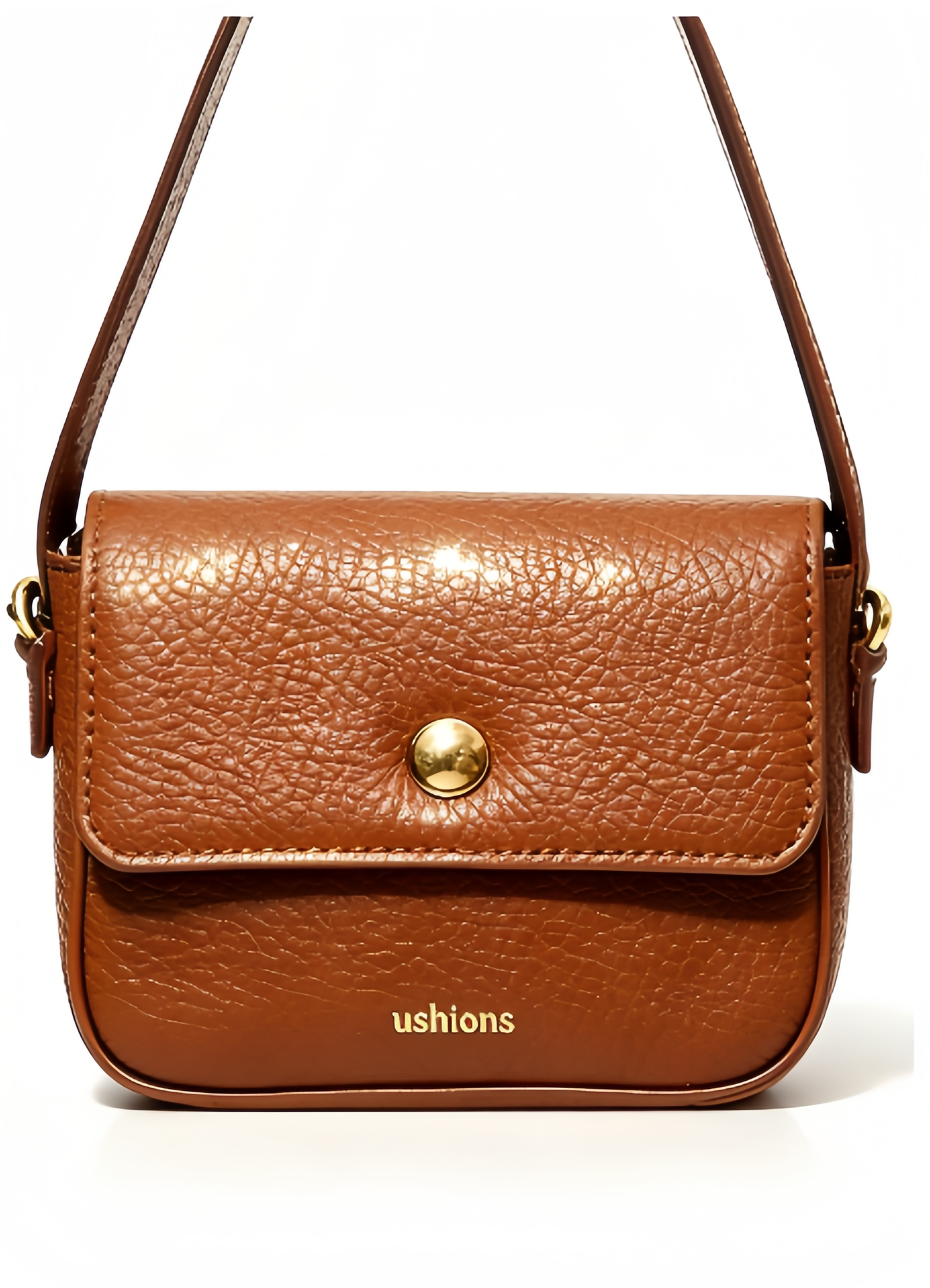 Brown Textured Leather Shoulder Bag with Gold Button