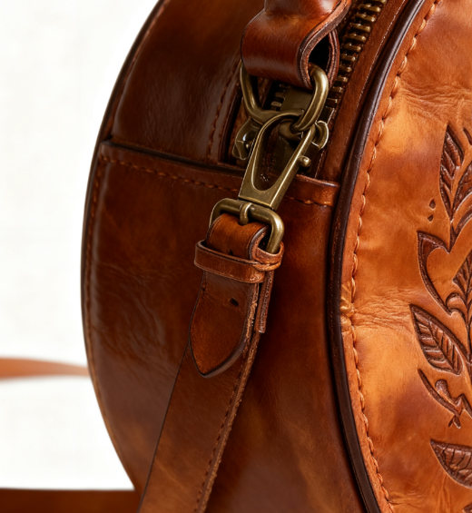 Braid & Rest-Brown Tooled Leather Circular Top-Handle Crossbody Bag