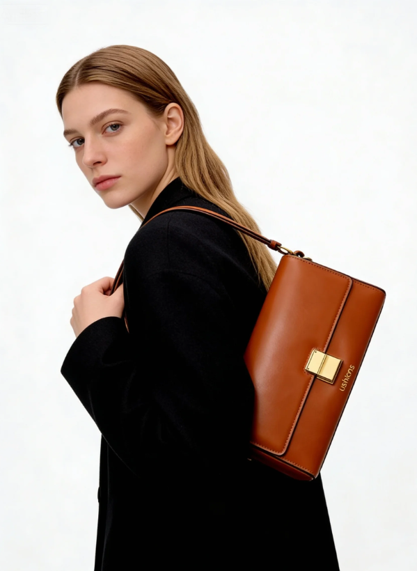 Tan Leather Flap Crossbody Bag with Gold Clasp