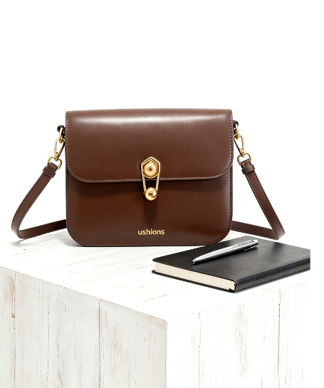 The Curator-Brown Leather Shoulder Bag with Gold Hardware
