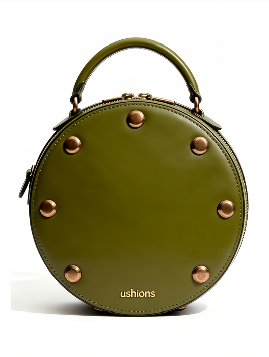 Olive Green Circular Leather Bag with Copper Studs