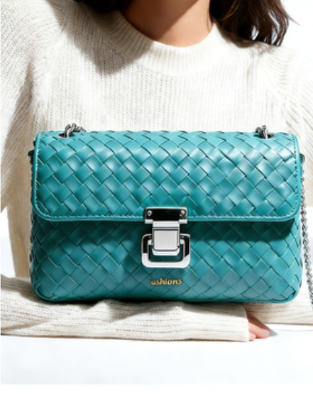 Novelty-Teal Woven Leather Chain Crossbody Bag