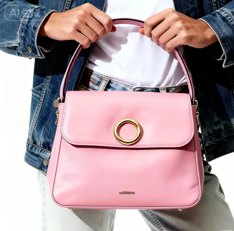 Pink Leather Top-Handle Bag with Gold Circle Accent