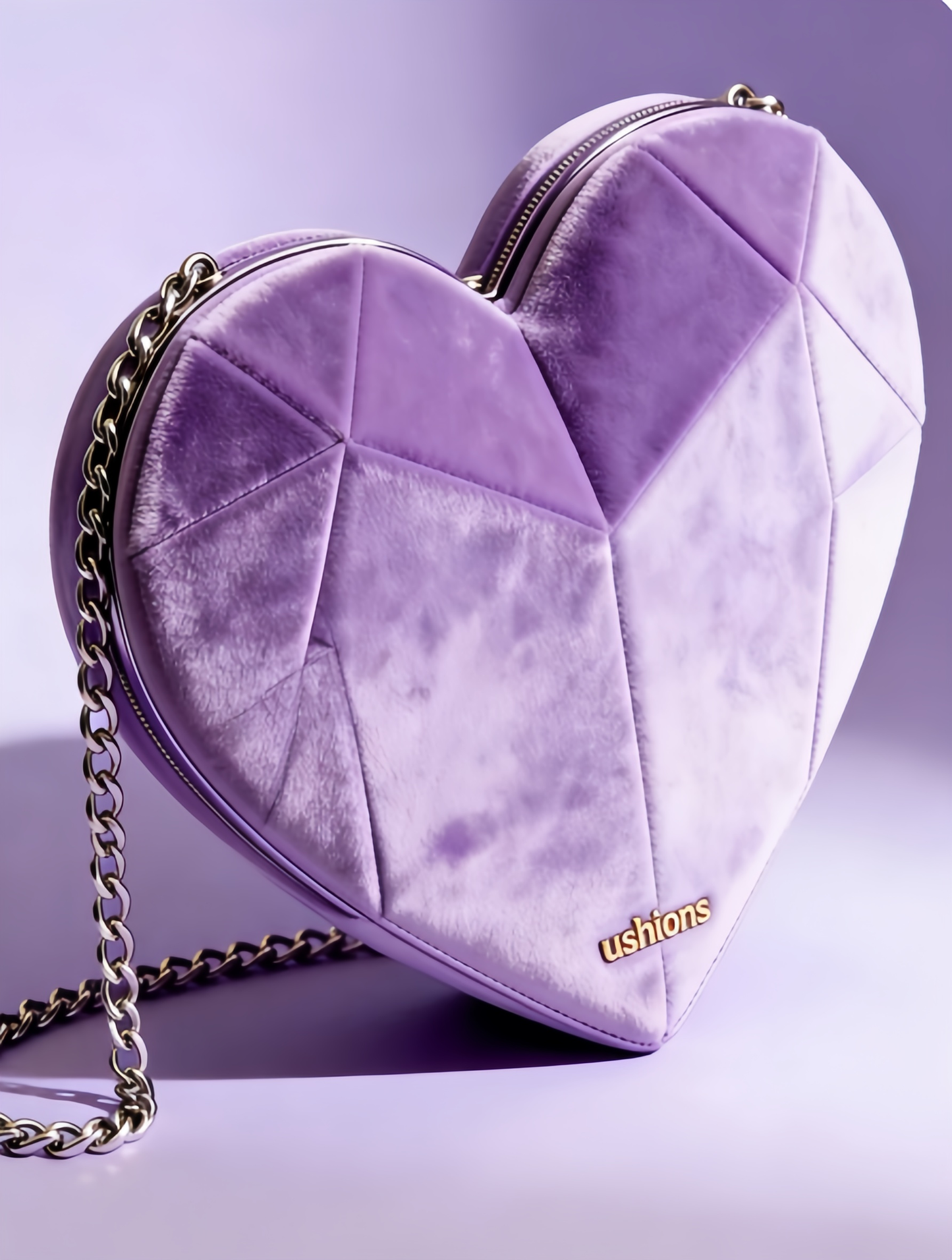 Lilac Velvet Heart-Shaped Crossbody Bag with Silver Chain