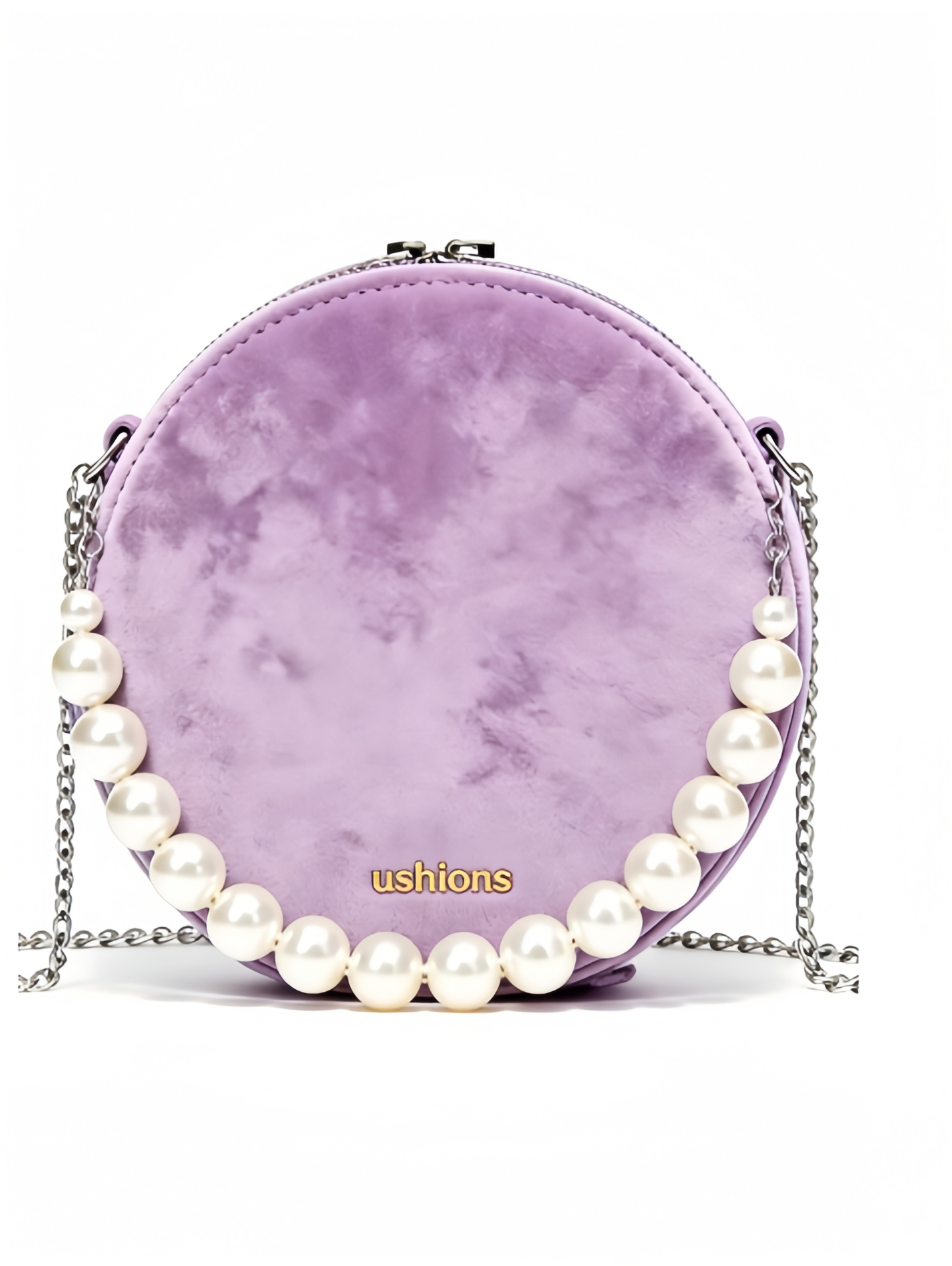 Lavender Velvet Round Crossbody Bag with Pearl Detail