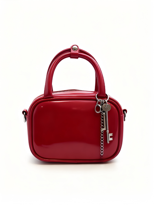 Red Patent Leather Top-Handle Bag with Key Charm