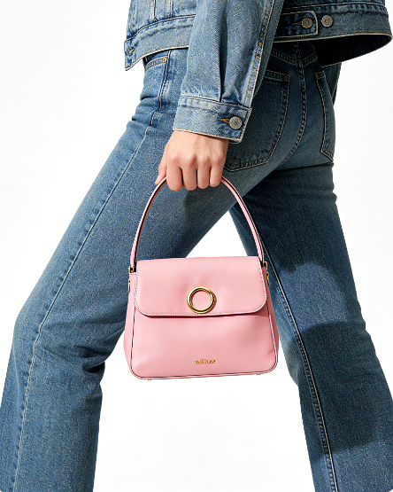 Pink Leather Top-Handle Bag with Gold Circle Accent
