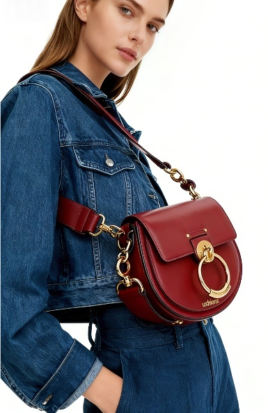 Arc in Rouge-Red Saddle Bag with Gold Circular Hardware