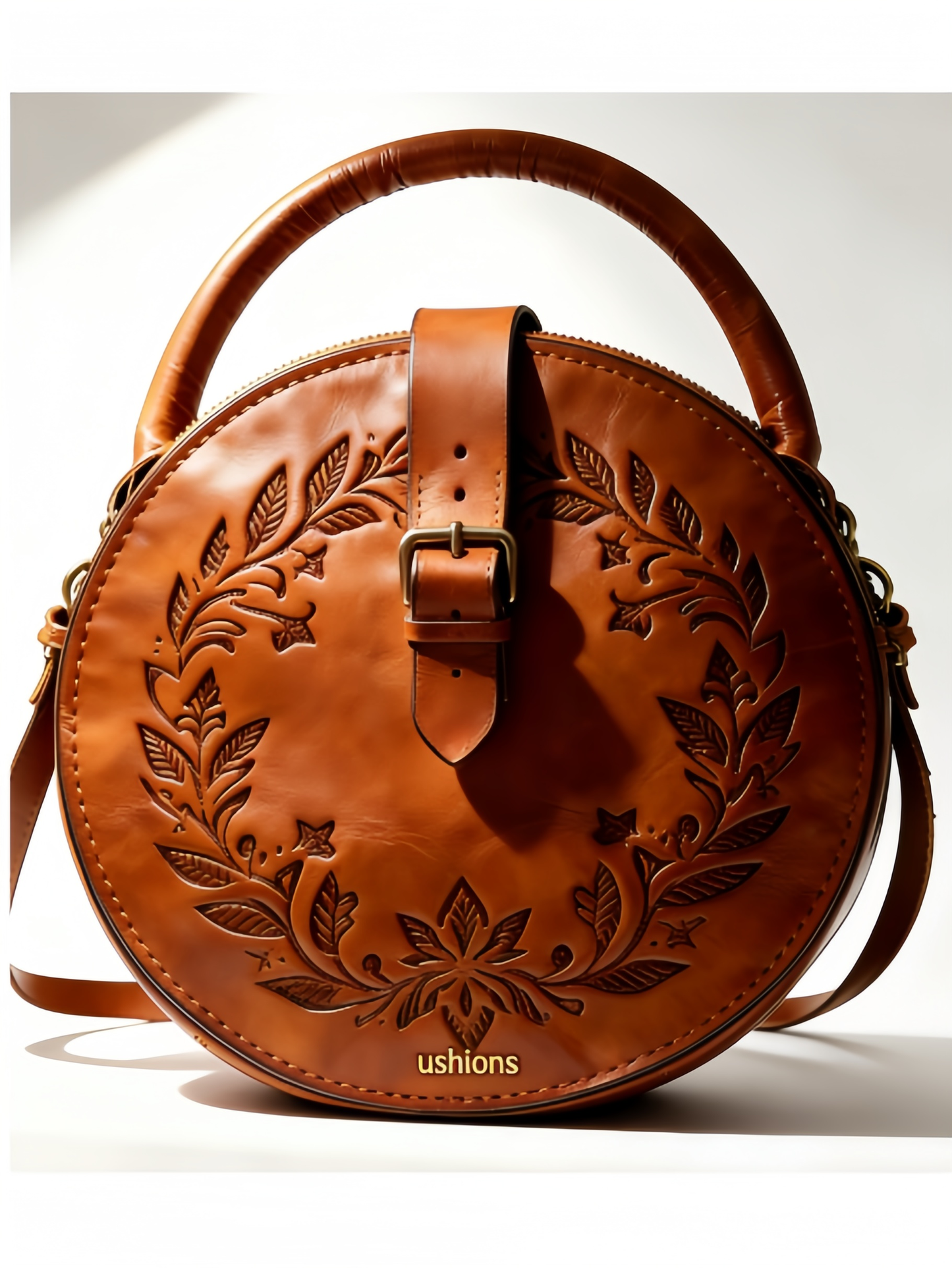 Braid & Rest-Brown Tooled Leather Circular Top-Handle Crossbody Bag